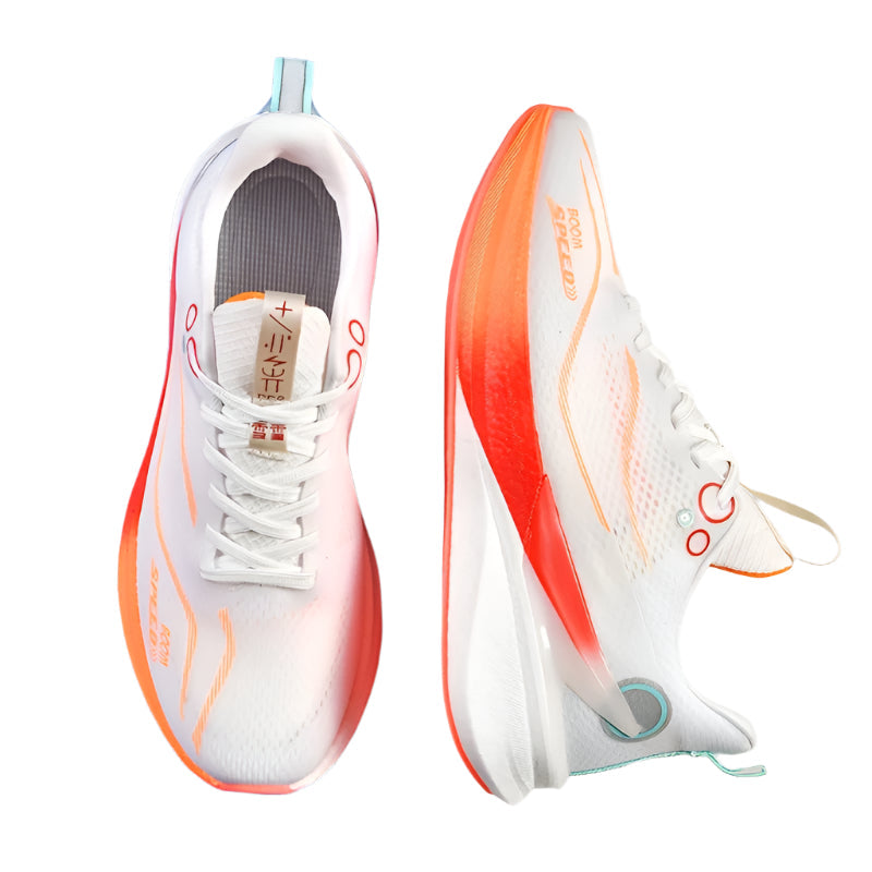 FAYWELLME Unisex Carbon Fiber Running Shoes – Lightweight, Shock-Absorbing Sneakers with Breathable Upper & TPU Sole – White & Orange All-Season Athletic Footwear