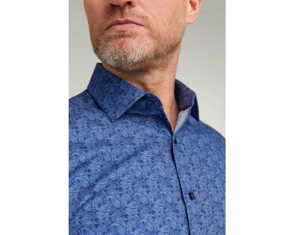 Double Two Mens Long Sleeve Paisley Print Cotton Formal Shirt in Navy in Collar Size 19 to 23 Inches