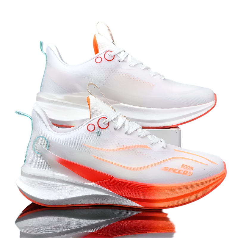 FAYWELLME Unisex Carbon Fiber Running Shoes – Lightweight, Shock-Absorbing Sneakers with Breathable Upper & TPU Sole – White & Orange All-Season Athletic Footwear