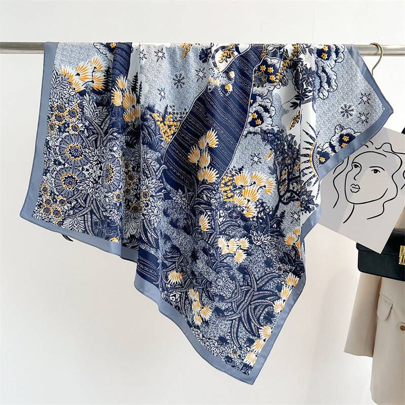 Women's Premium Twill Silk Scarf, Large Printed 90/90cm Striped Square Scarf