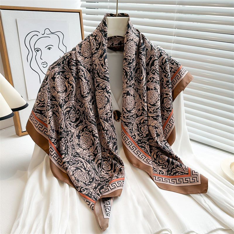 Women's Premium Twill Silk Scarf, Large Printed 90/90cm Striped Square Scarf