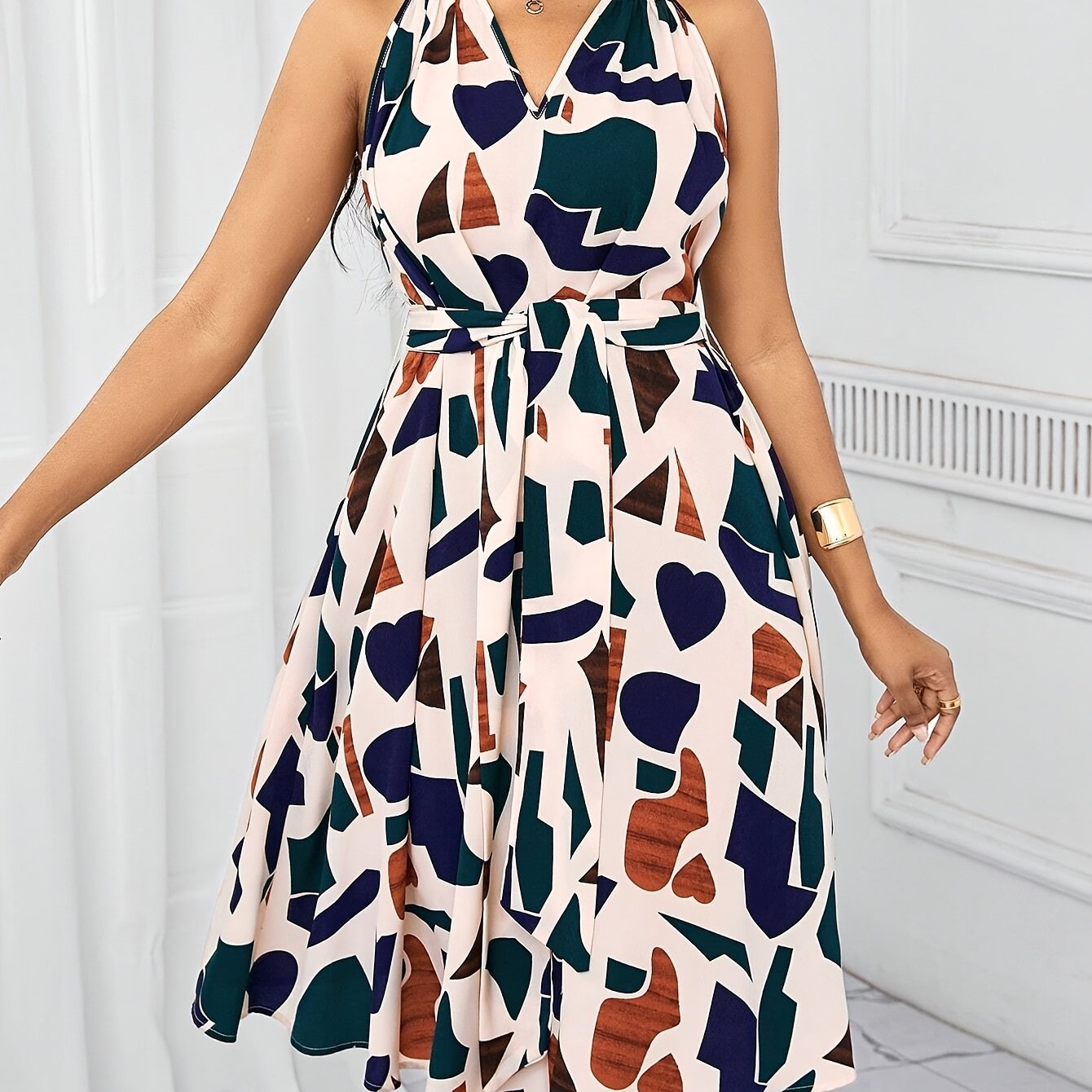Elegant Geometric Print V-Neck Sleeveless Dress for Women