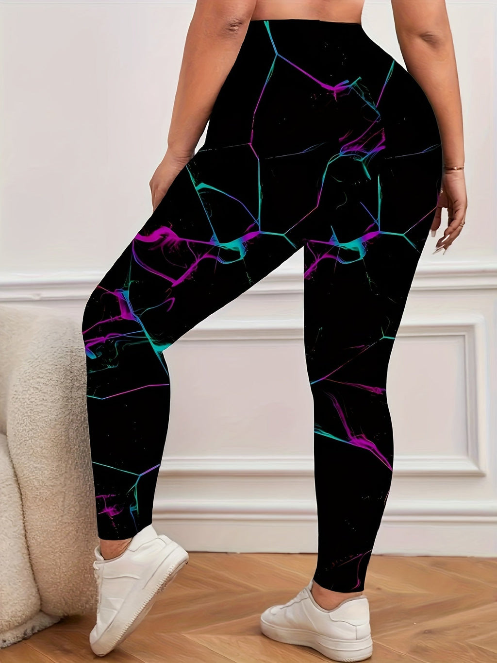 Women's Plus Size High-Waisted Floral Print Leggings - Stretchy, Casual, Machine Washable, Black with Vibrant Purple & Teal Accents, All-Season Comfort Fit, High Waisted Leggings