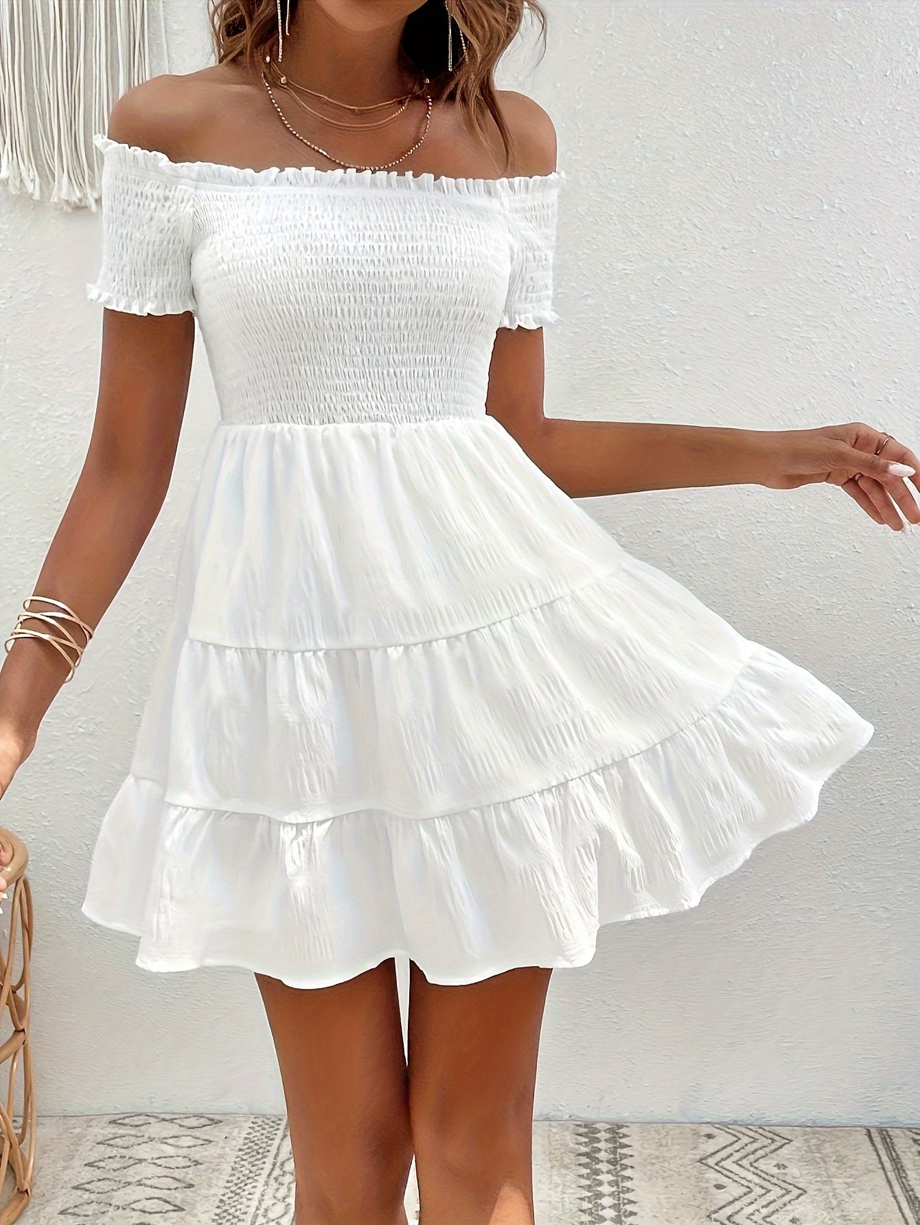 Elegant Off the Shoulder Shirred Dress for Women, 100% Polyester Solid Color Summer Fitted Woven Dress with Ruffle Hem