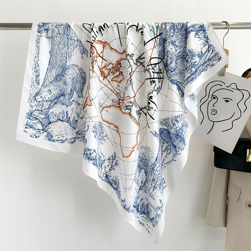 Women's Premium Twill Silk Scarf, Large Printed 90/90cm Striped Square Scarf