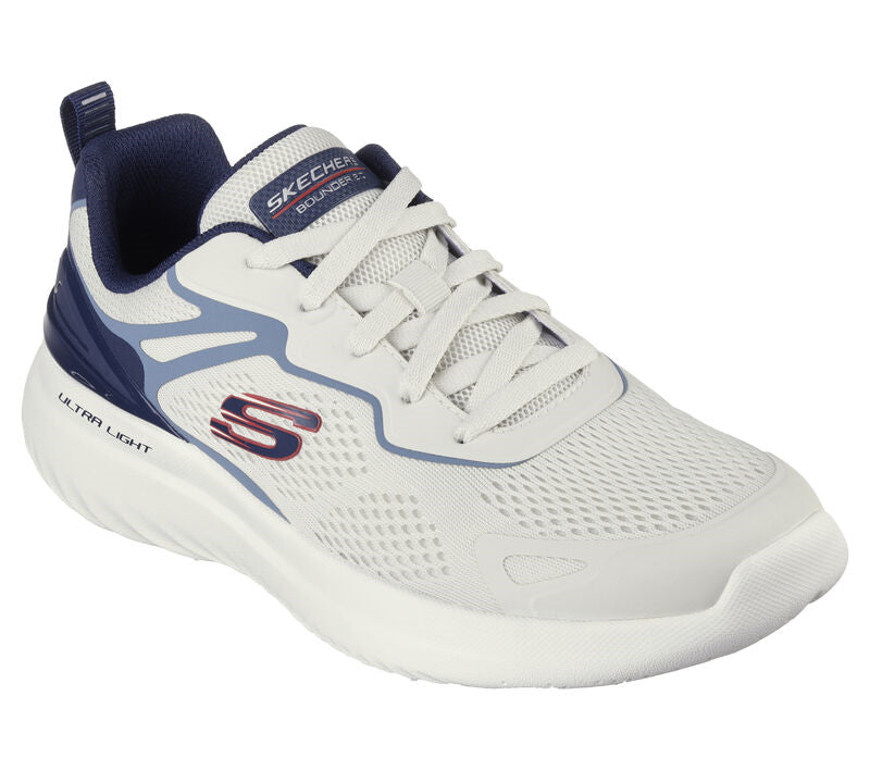 Skechers (232674) Men's Bounder 2.0 - Andal Lace-Up Athletic Style Shoes in White/Navy 8 to 13