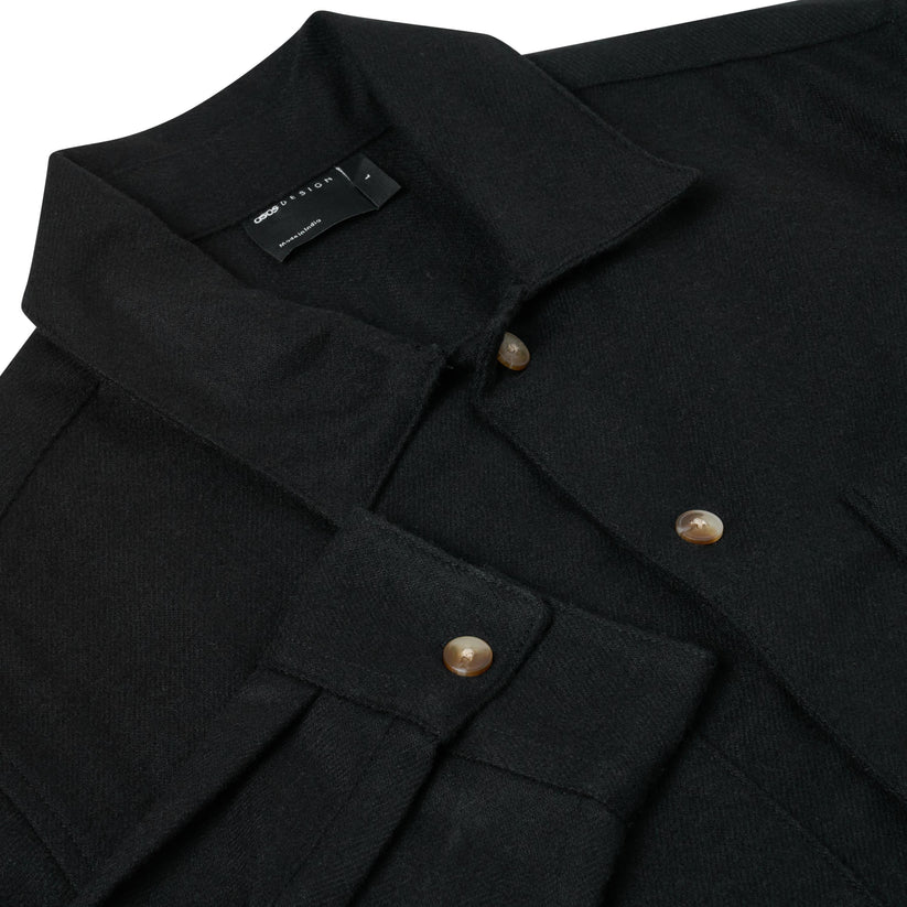 Close-up of a black wool-blend button-up shirt jacket by Uniqlo's UGC Collection, featuring a collar, buttoned chest pocket, and brown shell-like buttons on a white background.