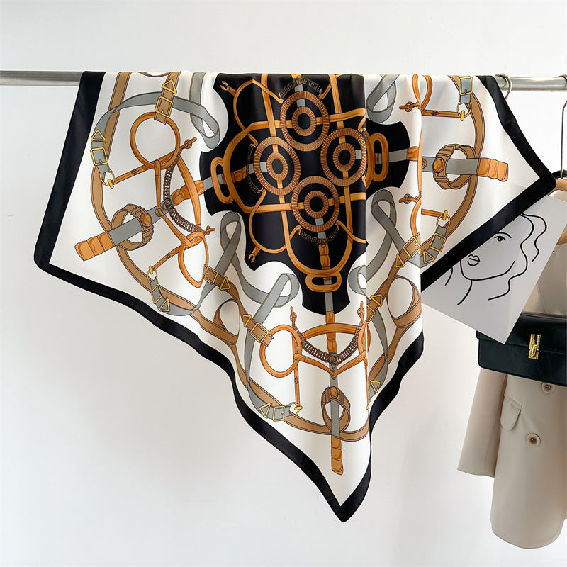 Women's Premium Twill Silk Scarf, Large Printed 90/90cm Striped Square Scarf