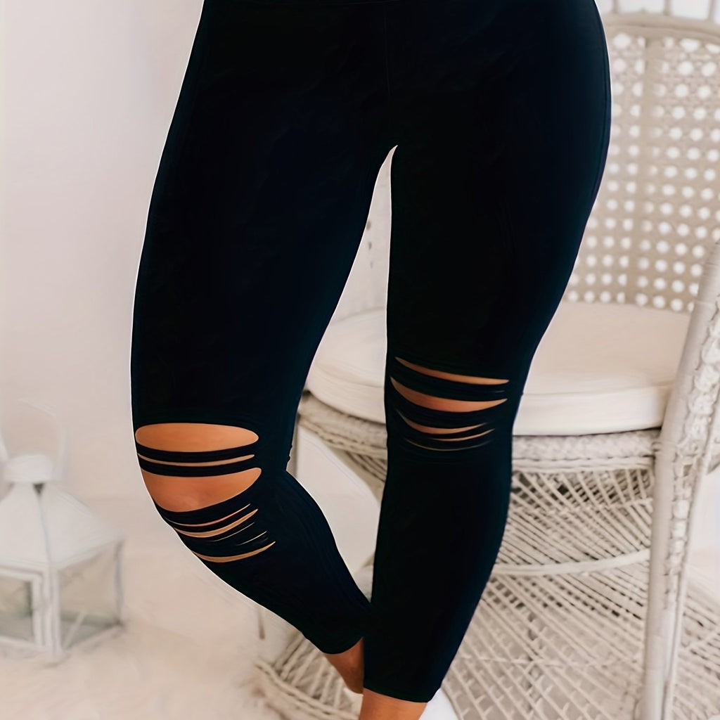 Plus Size Women's Black High-Waist Leggings with Chic Hollow-Out Detail - Stretchy & Comfortable Polyester/Elastane Blend, Easy Care Leggings