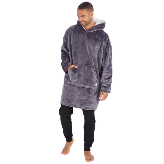Men's Grey Embossed Football Fleece Lounge Hoodie with Kangaroo Pocket