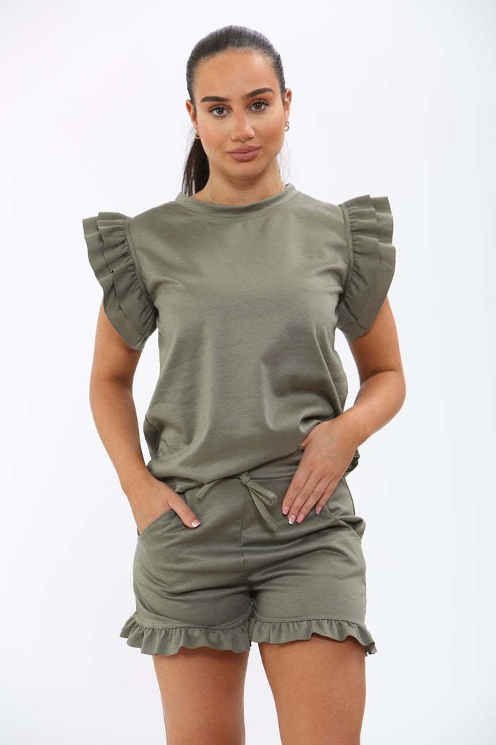 Women's Frill Peplum Sleeve Top & Shorts Set – 2-Piece Casual Tracksuit Outfit