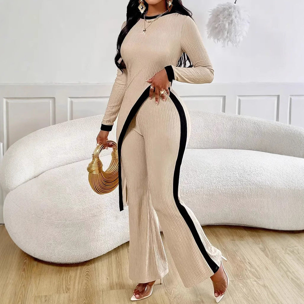 Women’s Long Sleeve Side Slit Top & Trousers Two-Piece Lounge Set