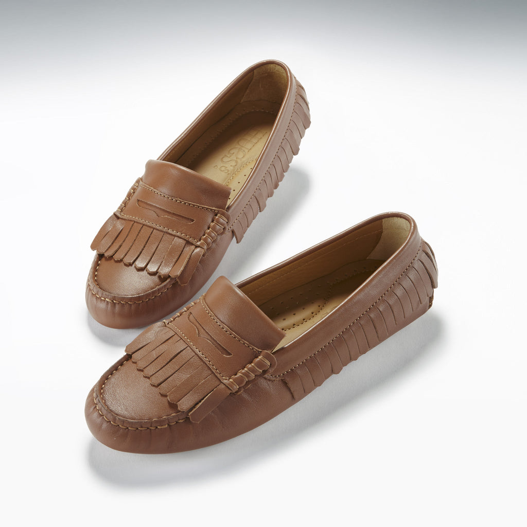 Women's Fringed Driving Loafers, light tan leather
