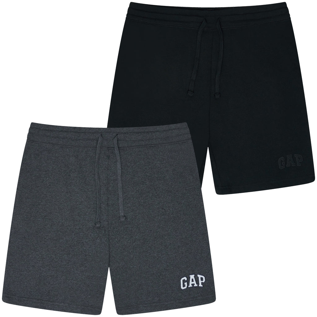 Black and gray shorts with 'Gap' branding on a white background