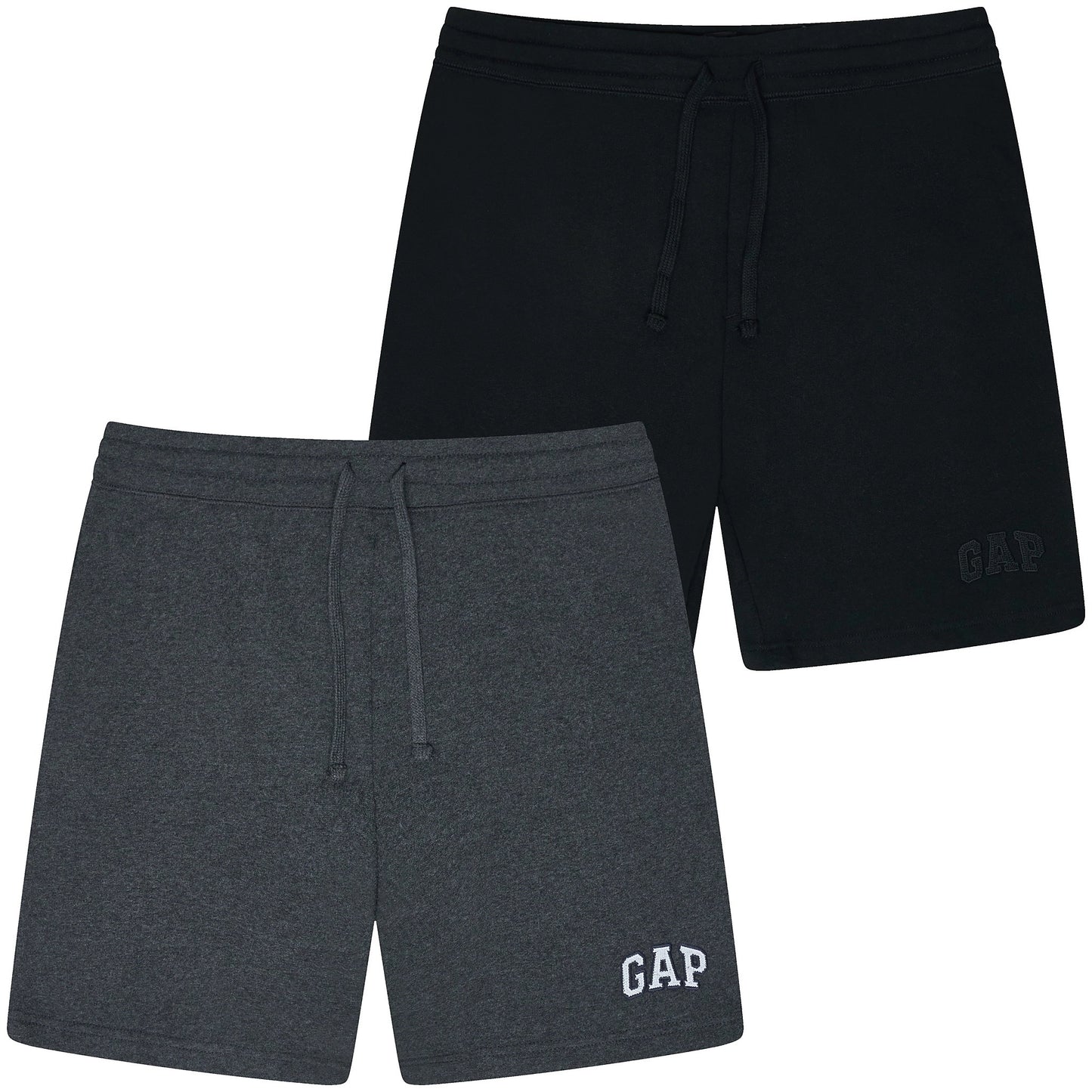Black and gray shorts with 'Gap' branding on a white background