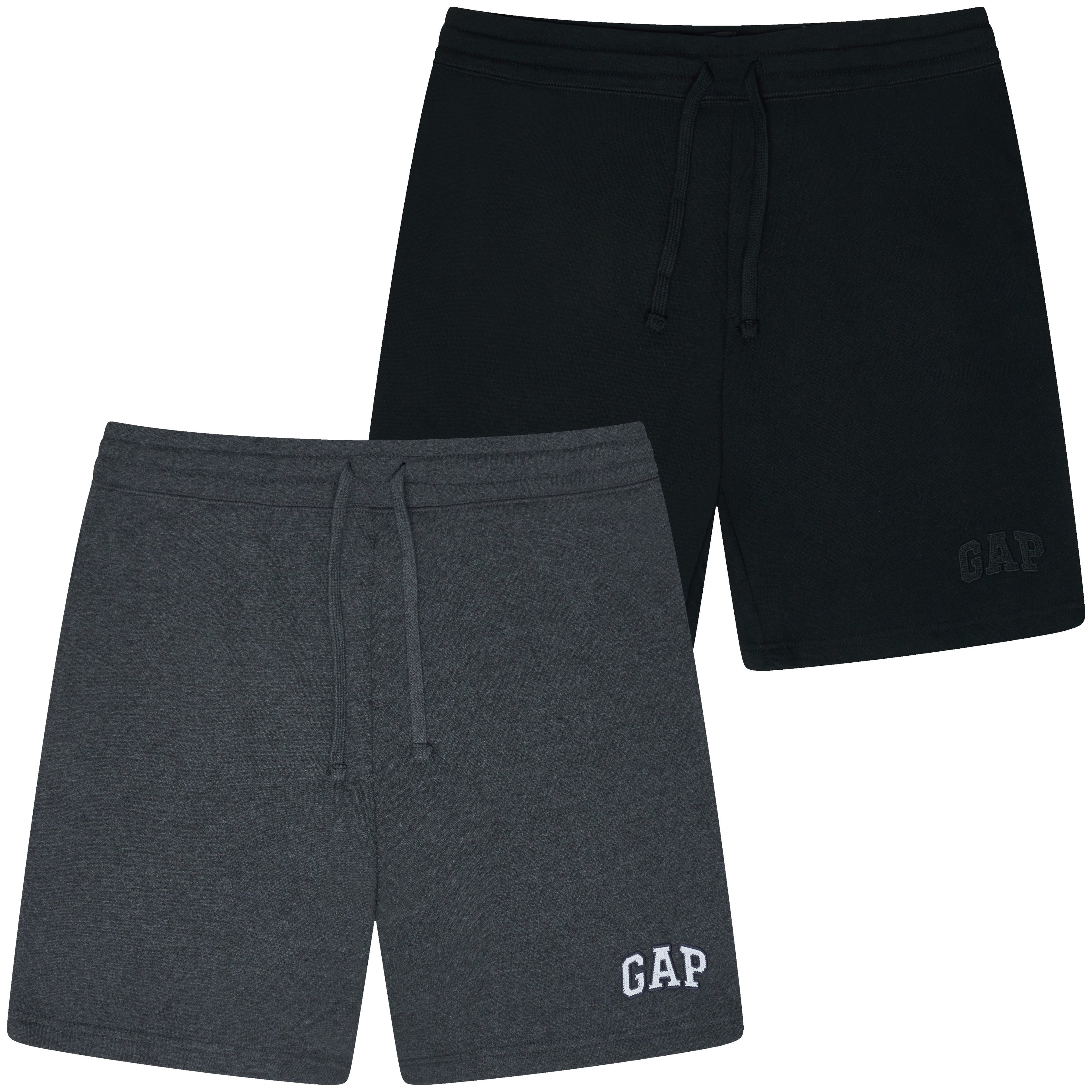 Black and gray shorts with 'Gap' branding on a white background