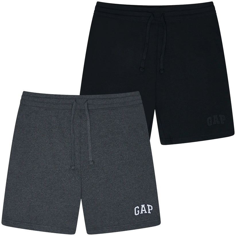 Black and gray shorts with 'Gap' branding on a white background