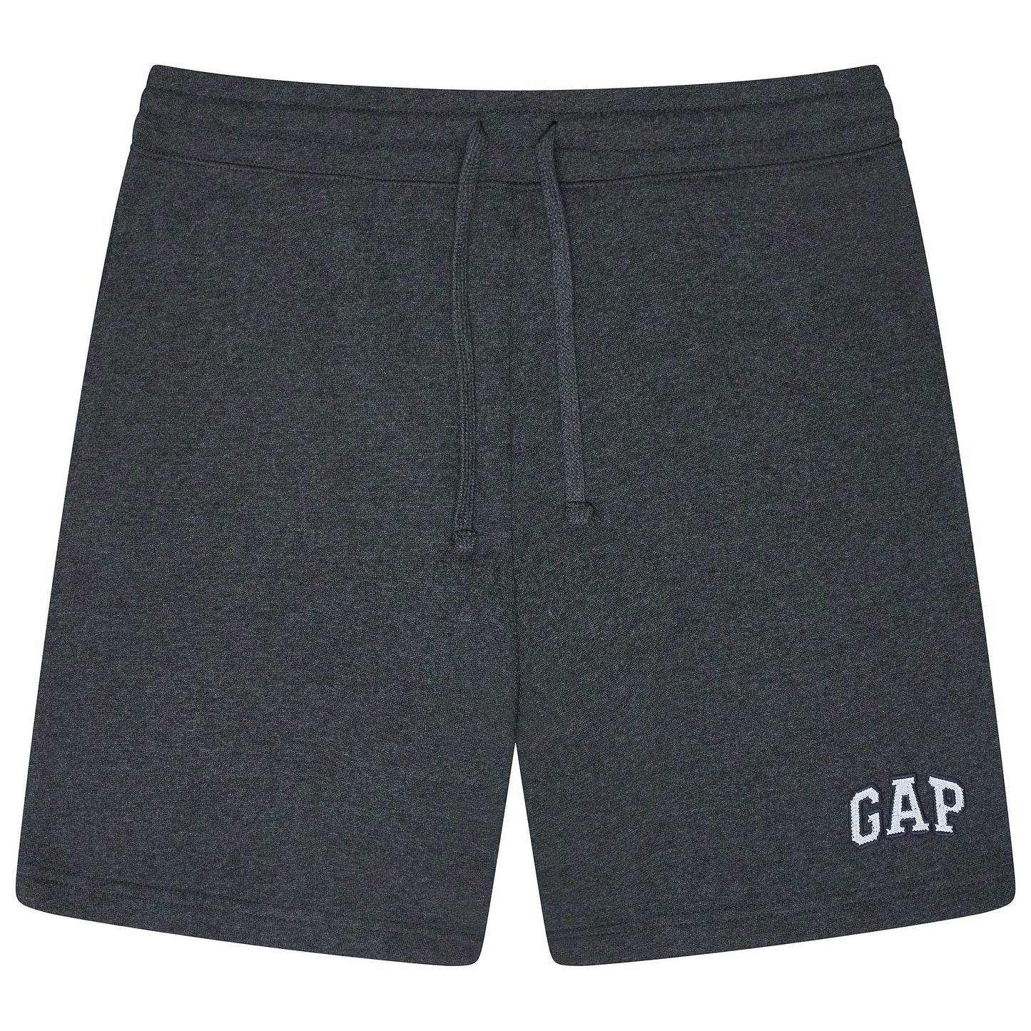 Dark gray shorts with a GAP logo on a white background