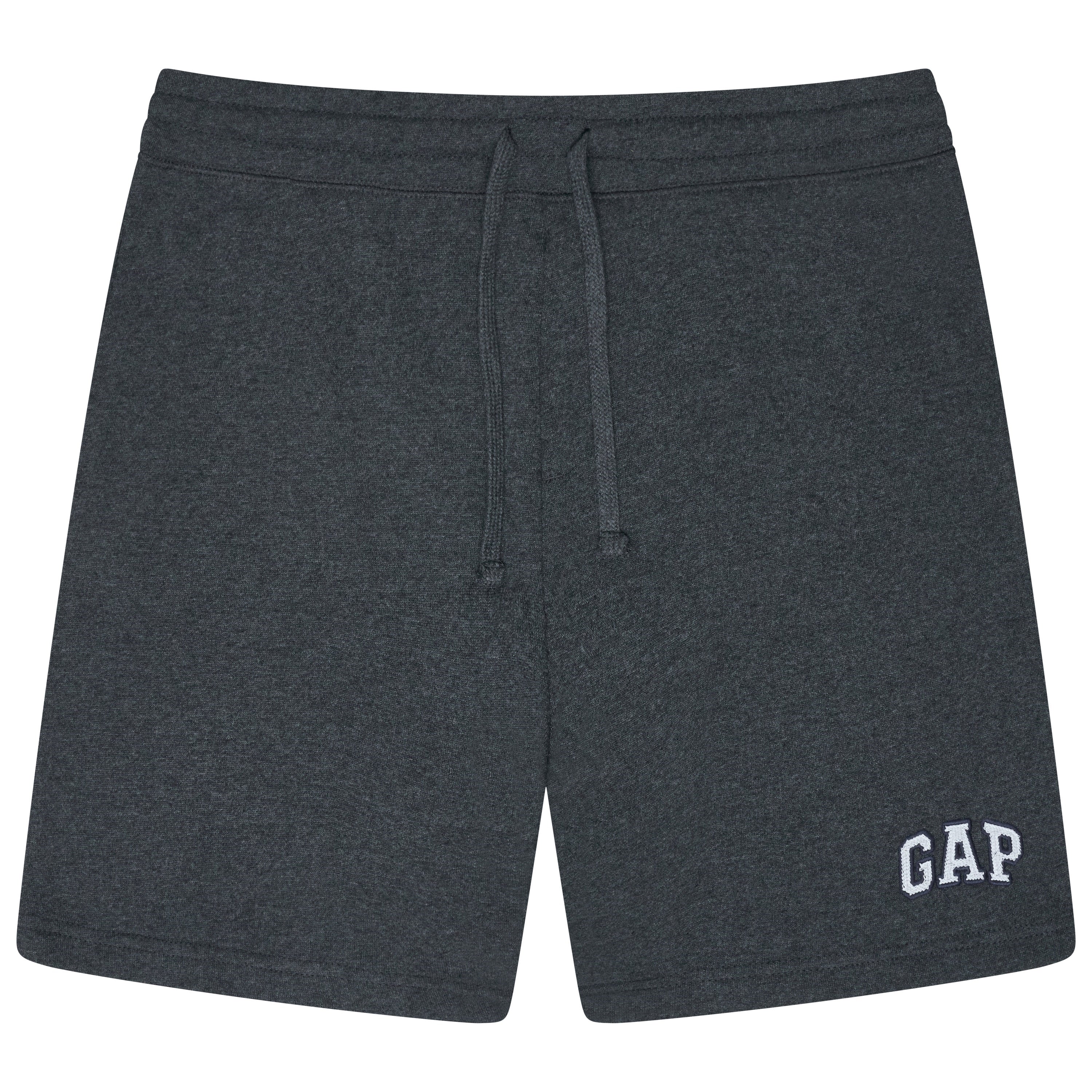 Dark gray shorts with a GAP logo on a white background