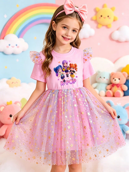 Girls Cartoon Idol Sequin Mesh Princess Dress Ages 3 to 10 - QHA UK