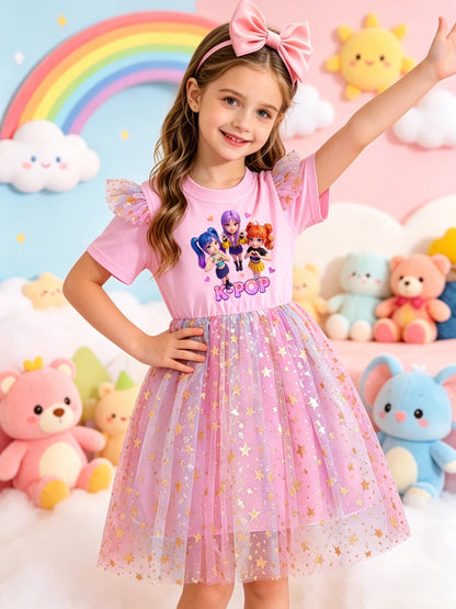 Girls Cartoon Idol Sequin Mesh Princess Dress Ages 3 to 10 - QHA UK
