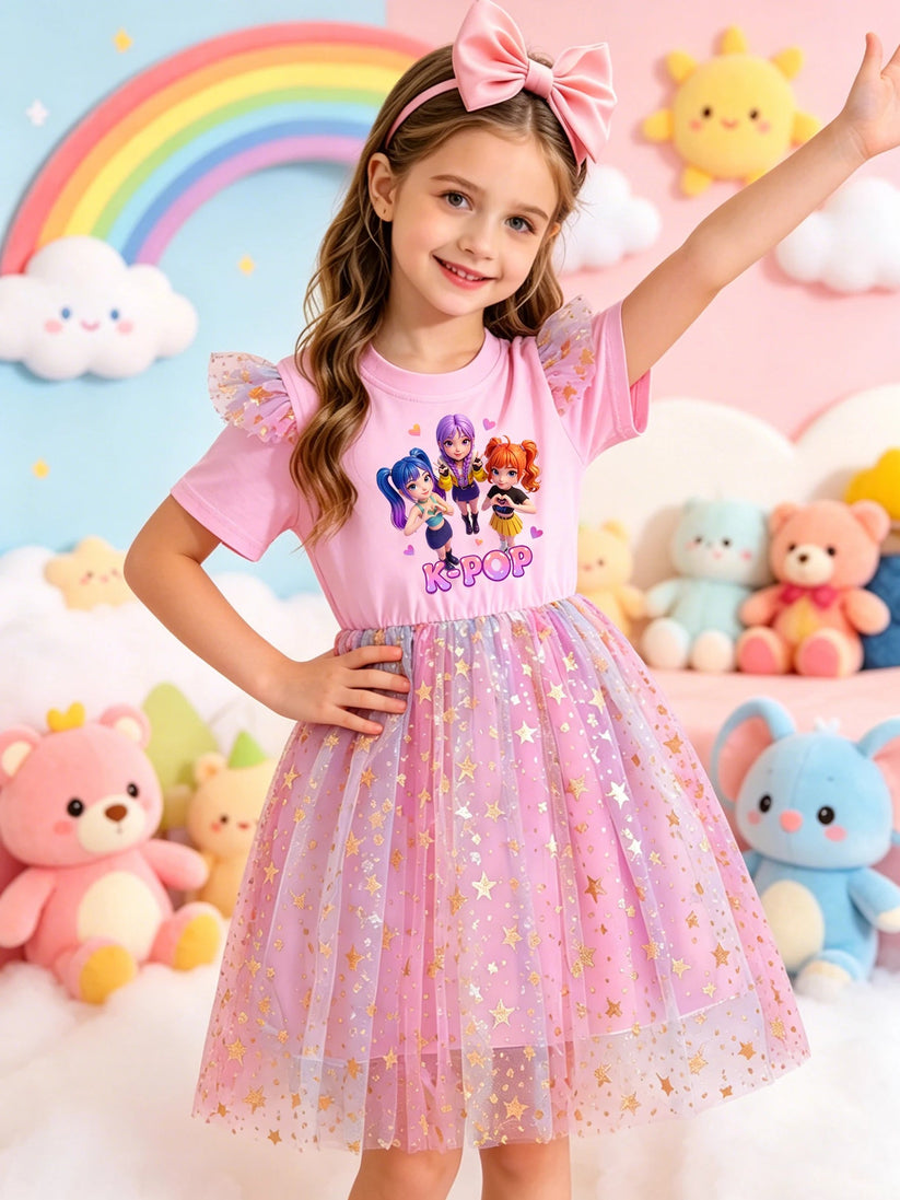 Girls Cartoon Idol Sequin Mesh Princess Dress Ages 3 to 10 - QHA UK
