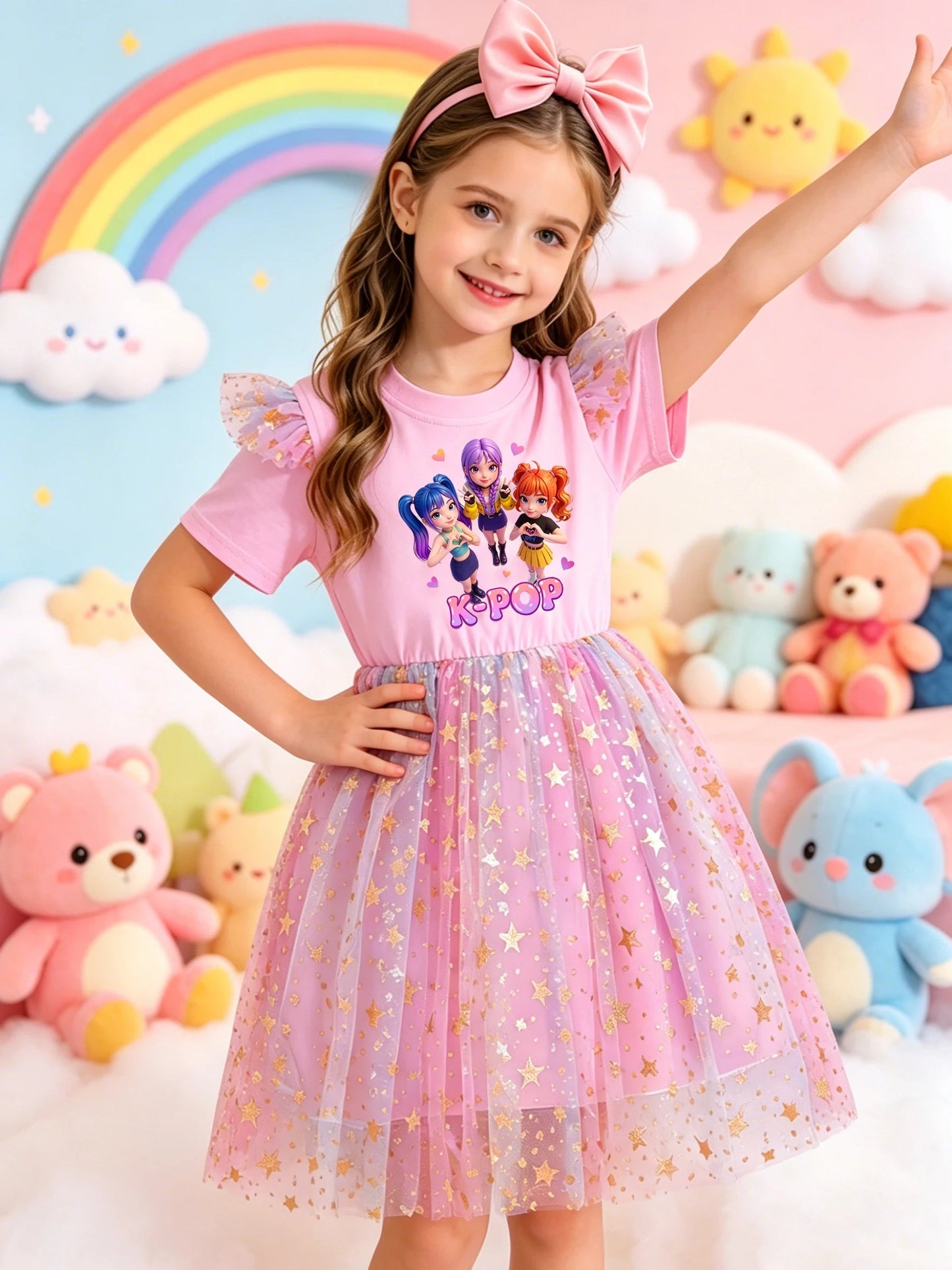 Girls Cartoon Idol Sequin Mesh Princess Dress Ages 3 to 10 - QHA UK