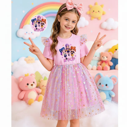 Girls Cartoon Idol Sequin Mesh Princess Dress Ages 3 to 10 - QHA UK