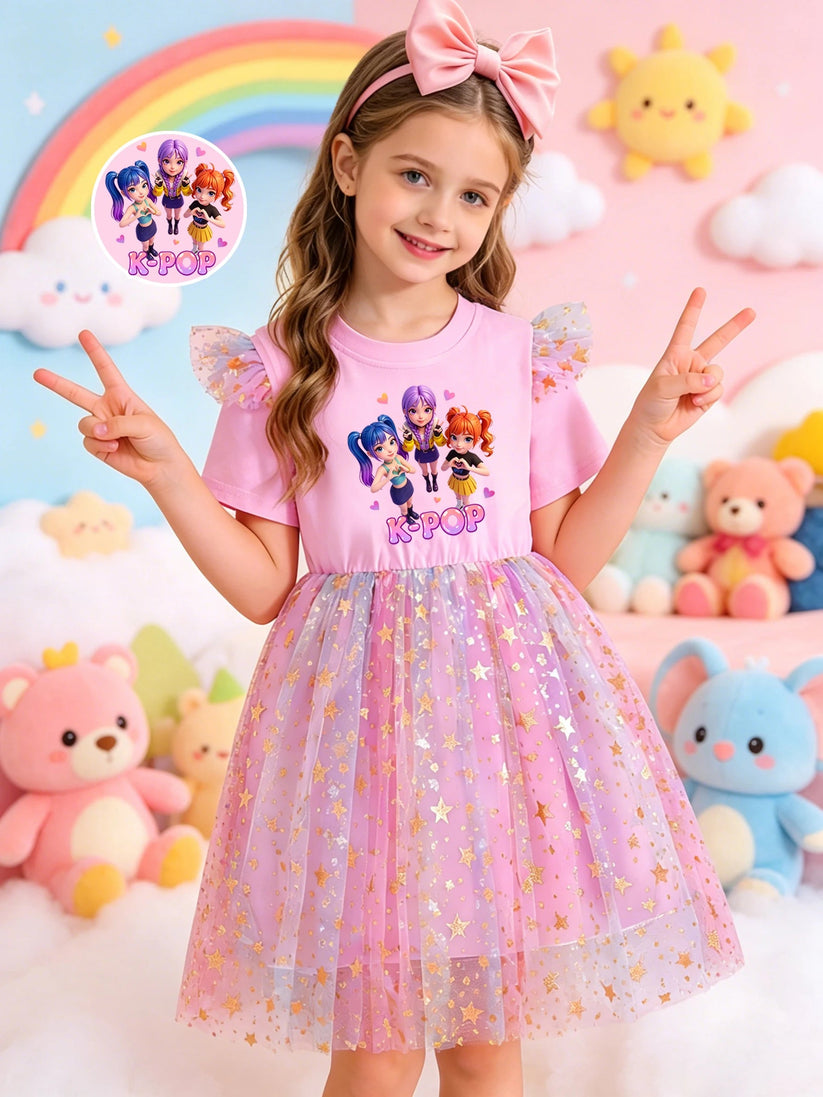 Girls Cartoon Idol Sequin Mesh Princess Dress Ages 3 to 10 - QHA UK