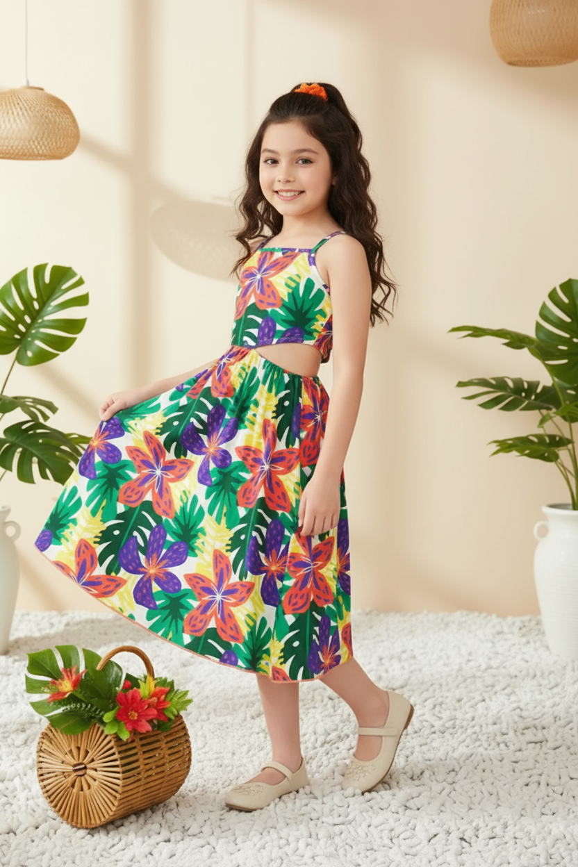 A young girl models a vibrant tropical floral print two-piece set consisting of a sleeveless crop top and a matching midi skirt. The outfit features a colorful pattern of hibiscus flowers and palm leaves in green, purple, pink, and orange on a bright yellow background.