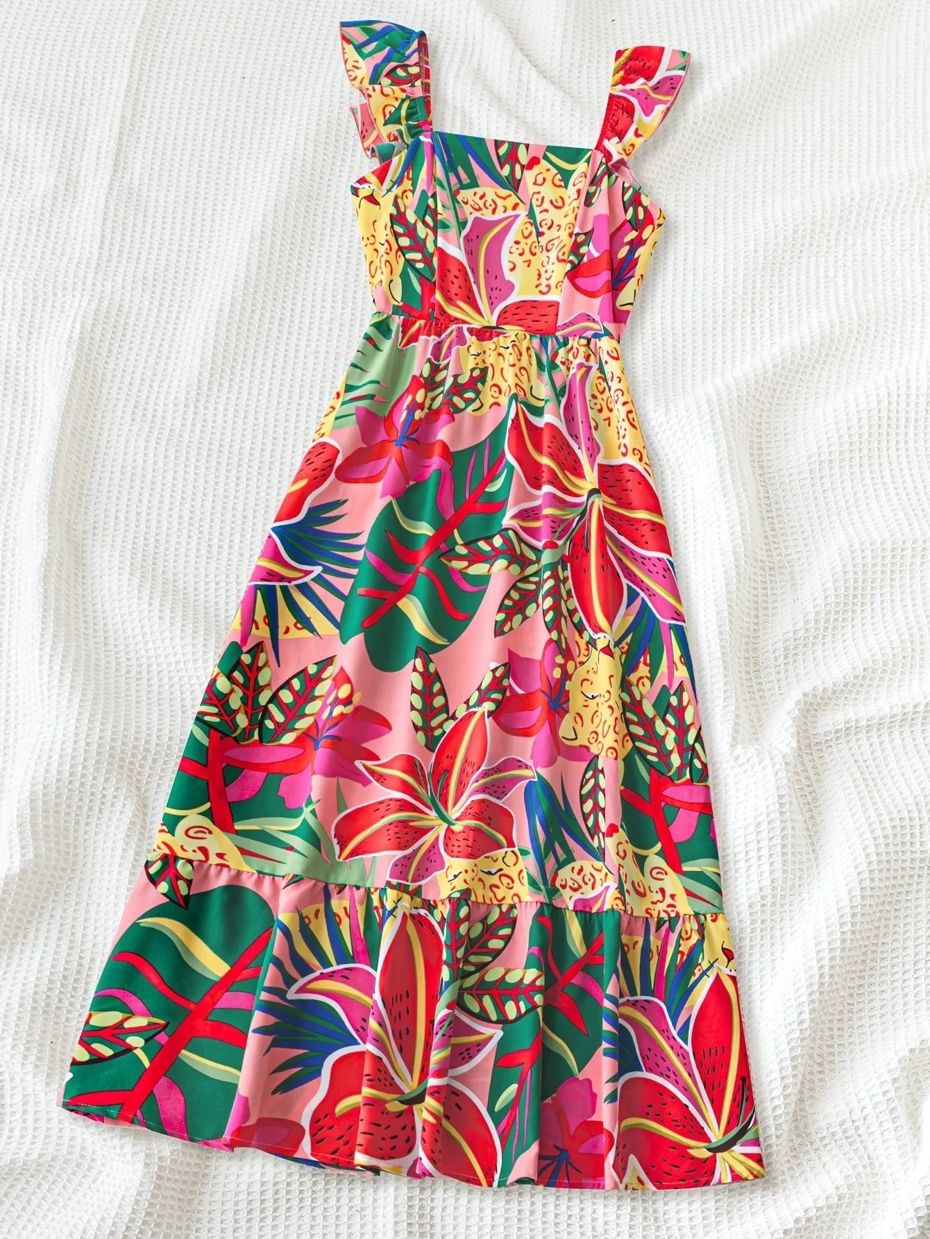 Girls Tropical Floral Ruffle Maxi Summer Dress Ages 8 to 12 - QHA UK
