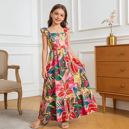 Girls Tropical Floral Ruffle Maxi Summer Dress Ages 8 to 12