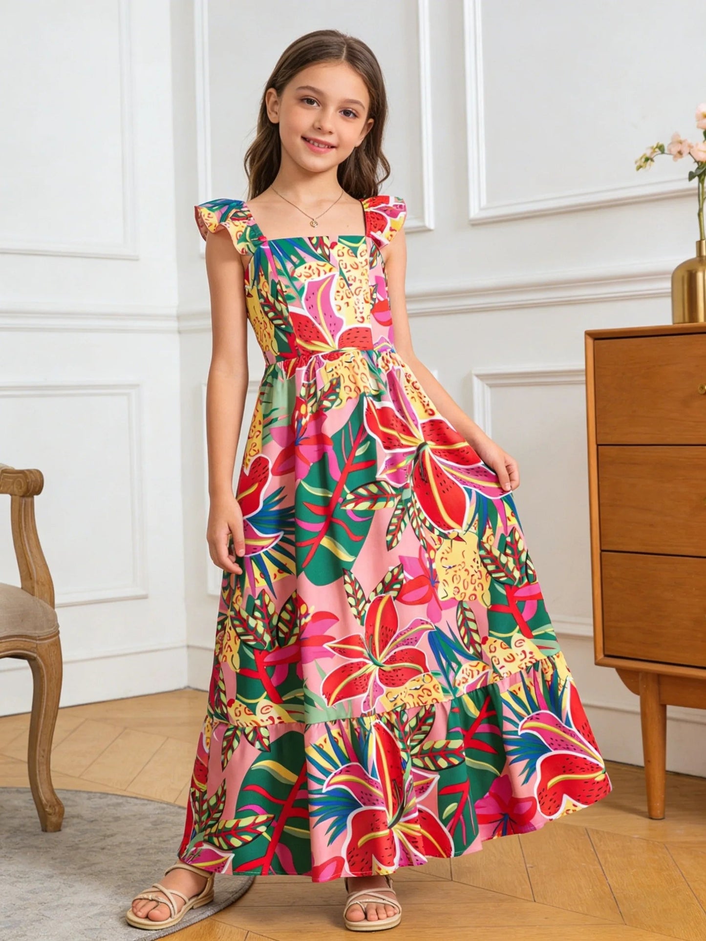 Girls Tropical Floral Ruffle Maxi Summer Dress Ages 8 to 12 - QHA UK