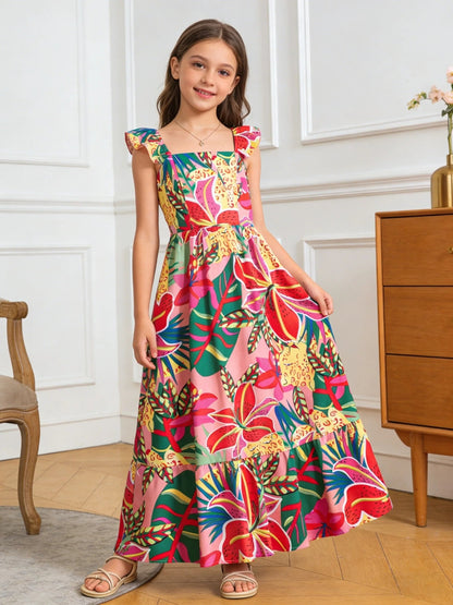 Girls Tropical Floral Ruffle Maxi Summer Dress Ages 8 to 12 - QHA UK