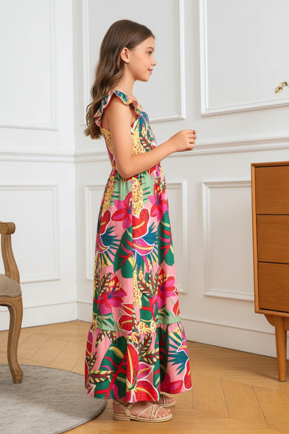 A young girl wearing a sleeveless, tiered maxi dress with a vibrant tropical floral print in pink, green, yellow, and blue, standing in a bright room with white paneled walls and light wood floors.
