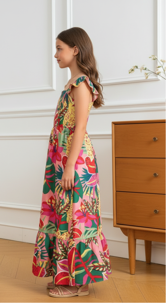 Girls Tropical Floral Ruffle Maxi Summer Dress Ages 8 to 12
