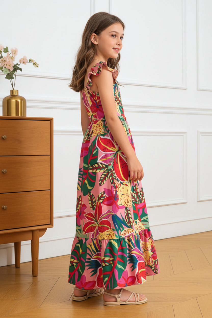 Girls Tropical Floral Ruffle Maxi Summer Dress Ages 8 to 12