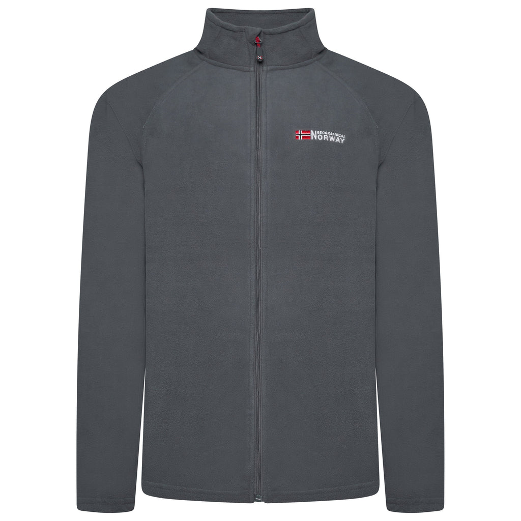 Gray fleece jacket with a logo on the chest against a white background