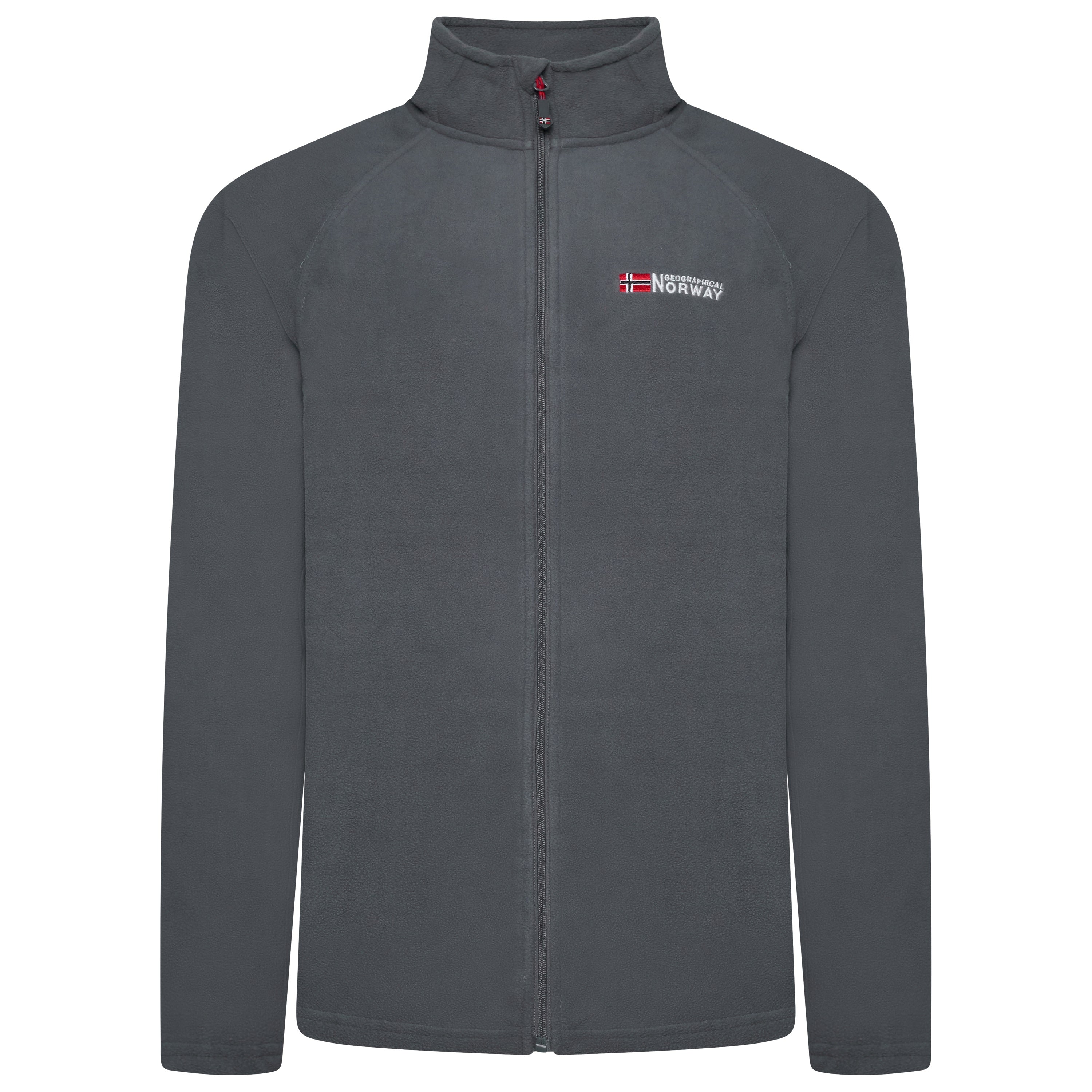 Gray fleece jacket with a logo on the chest against a white background