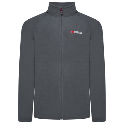 Gray fleece jacket with a logo on the chest against a white background