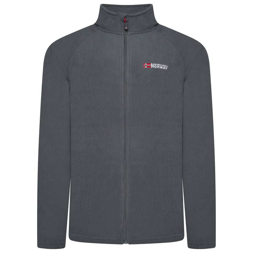 Gray fleece jacket with a logo on the chest against a white background