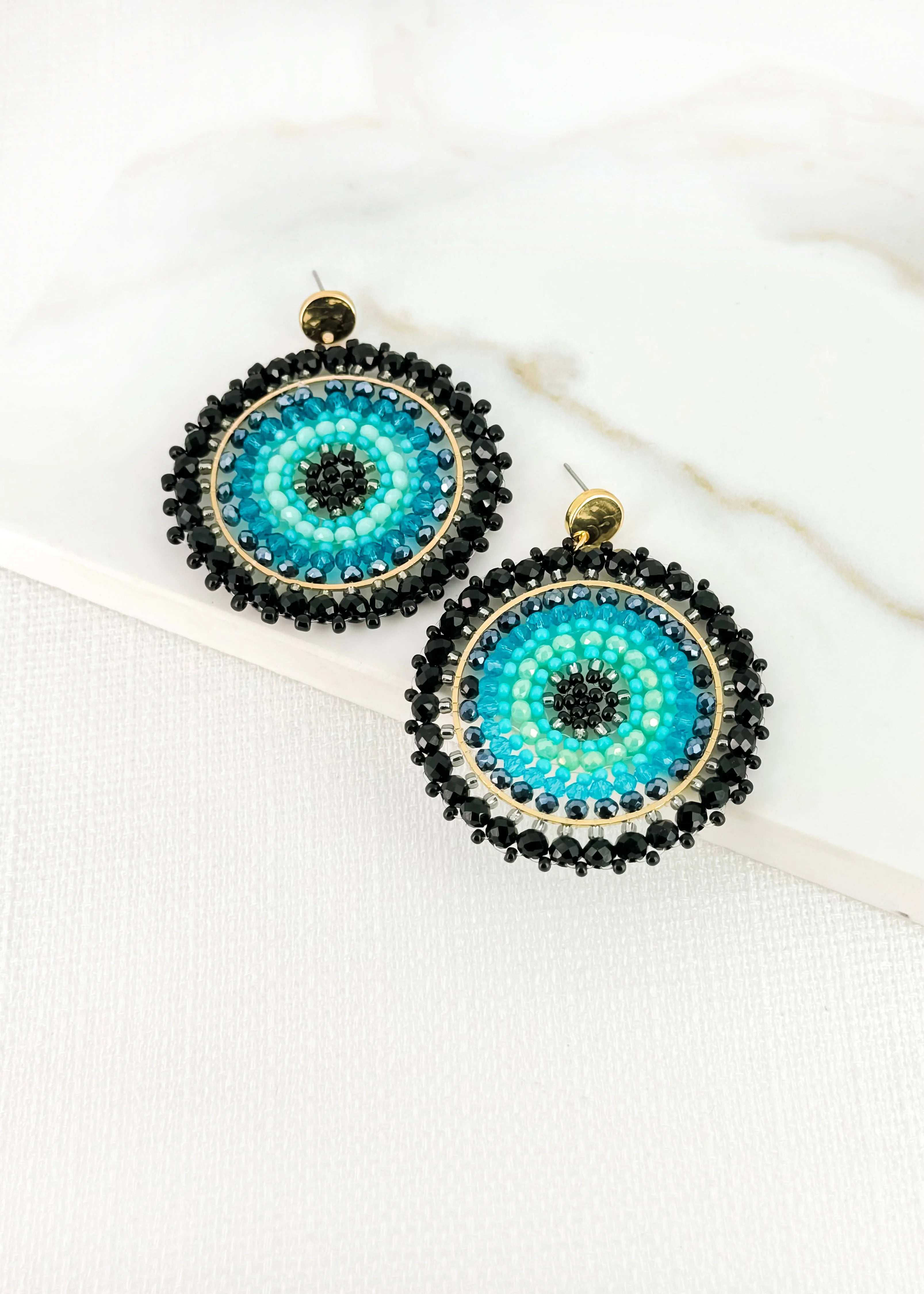 Gold, Black and Blue Faceted Bead Circular Earrings