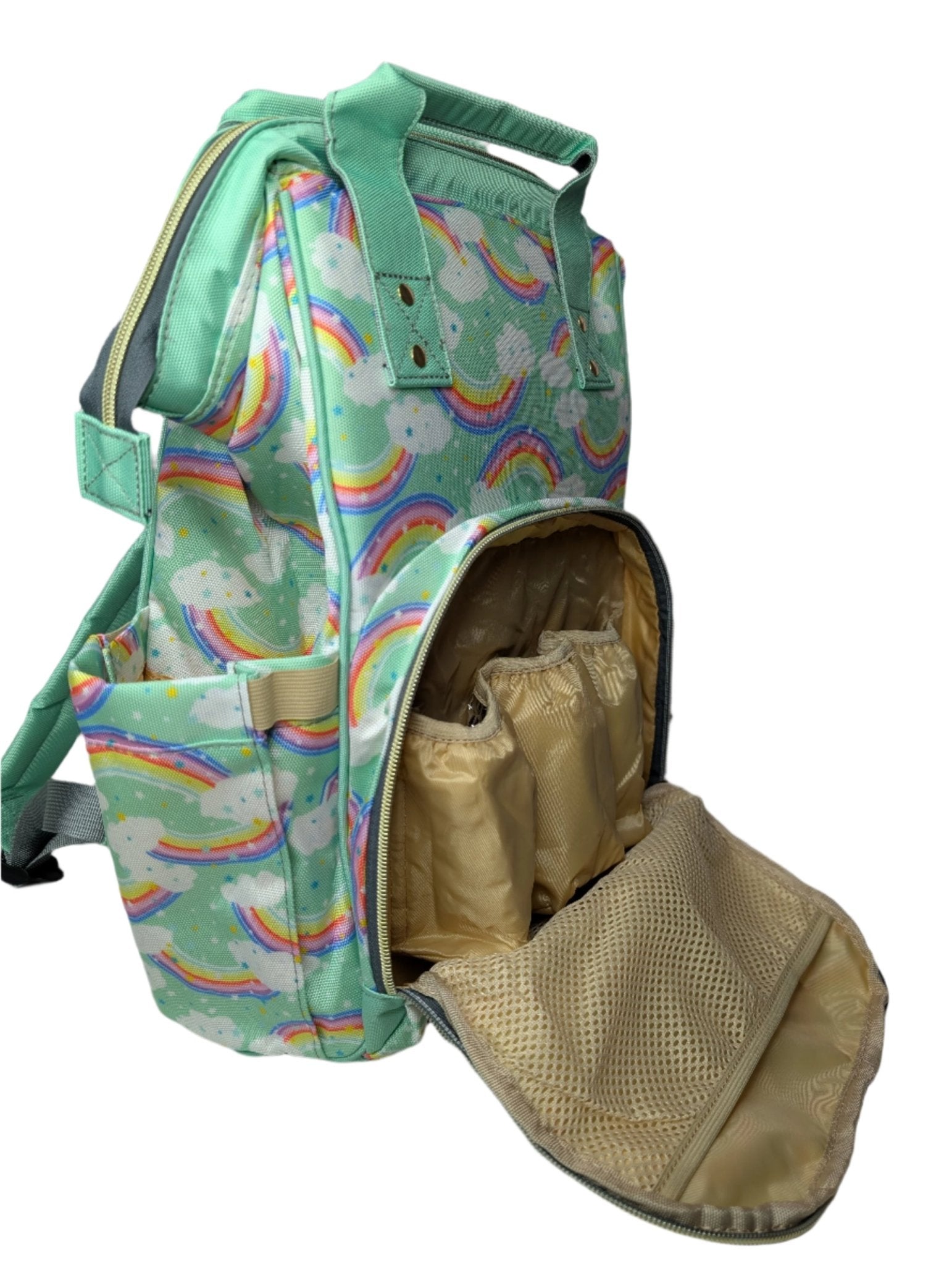 Green Baby Changing Nappy Bag - Happy Rainbow