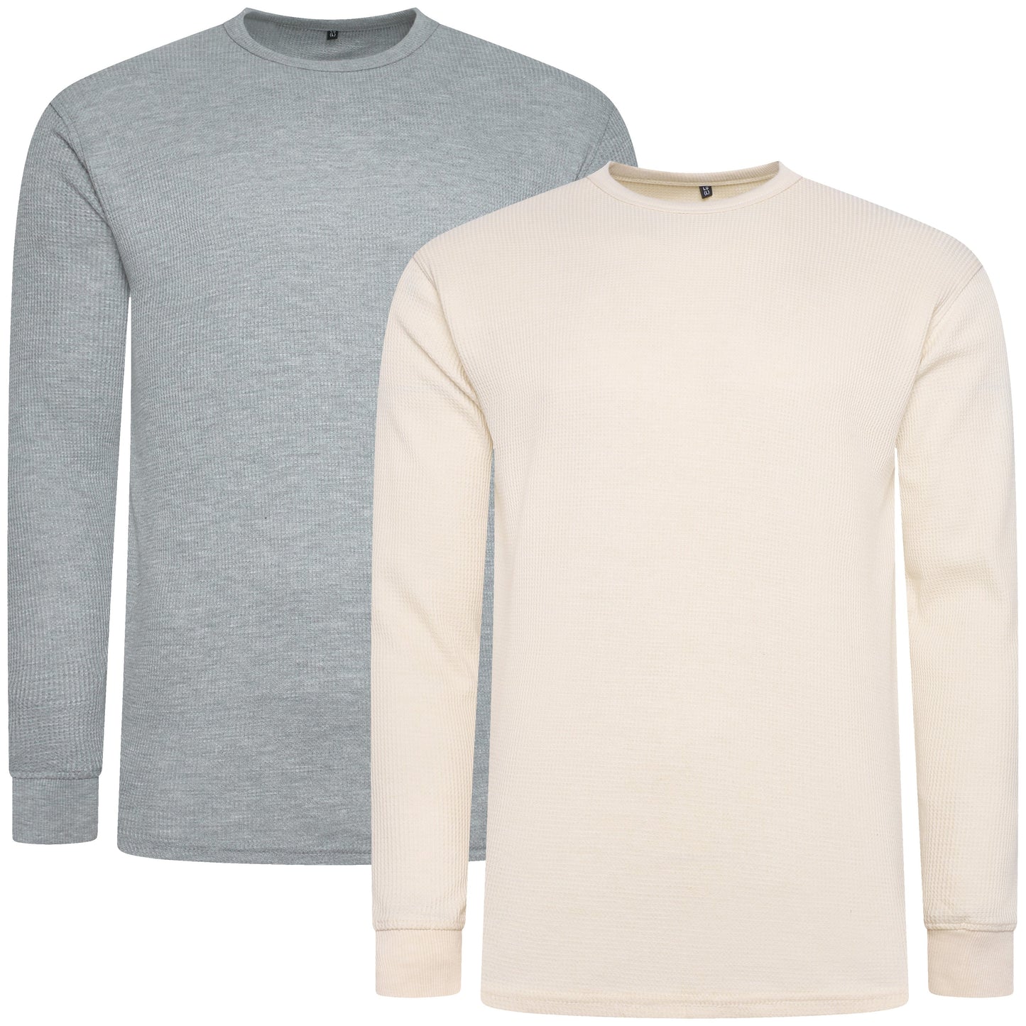 Two long-sleeve shirts, one gray and one beige, on a white background