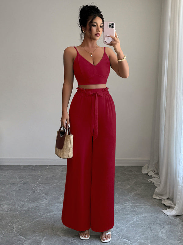 Burgundy suspender vest wide-leg pants two-piece  set