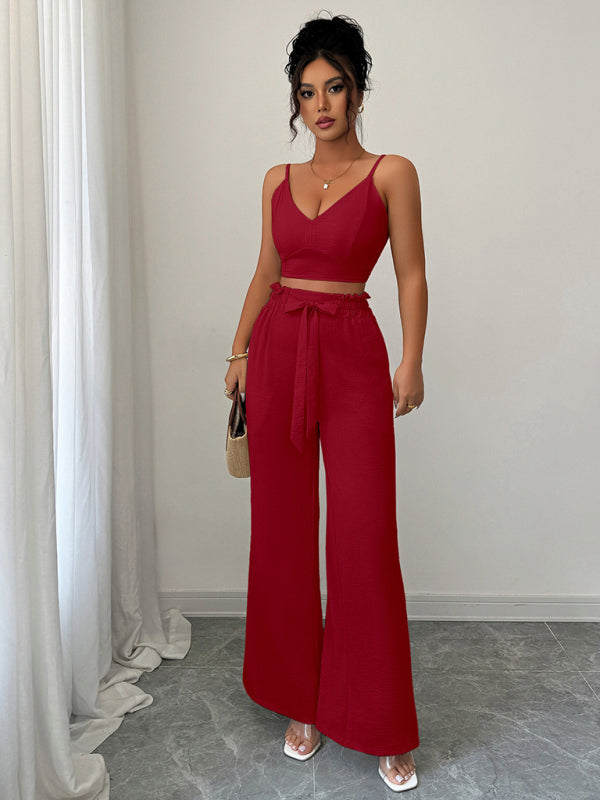 Burgundy suspender vest wide-leg pants two-piece  set