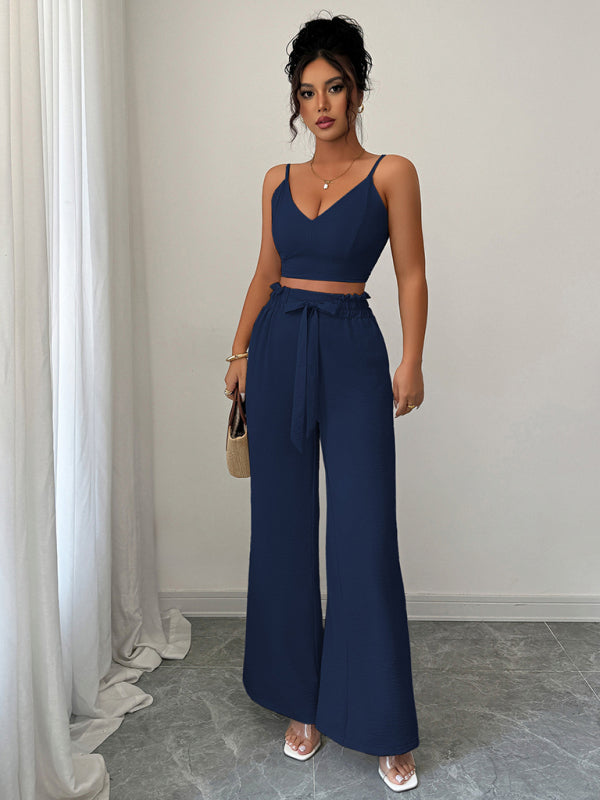 Navy Blue Suspender Vest Wide Leg Pants Two-Piece Set