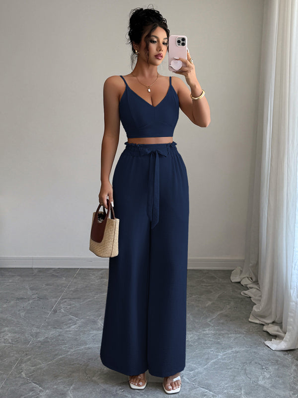 Navy Blue Suspender Vest Wide Leg Pants Two-Piece Set