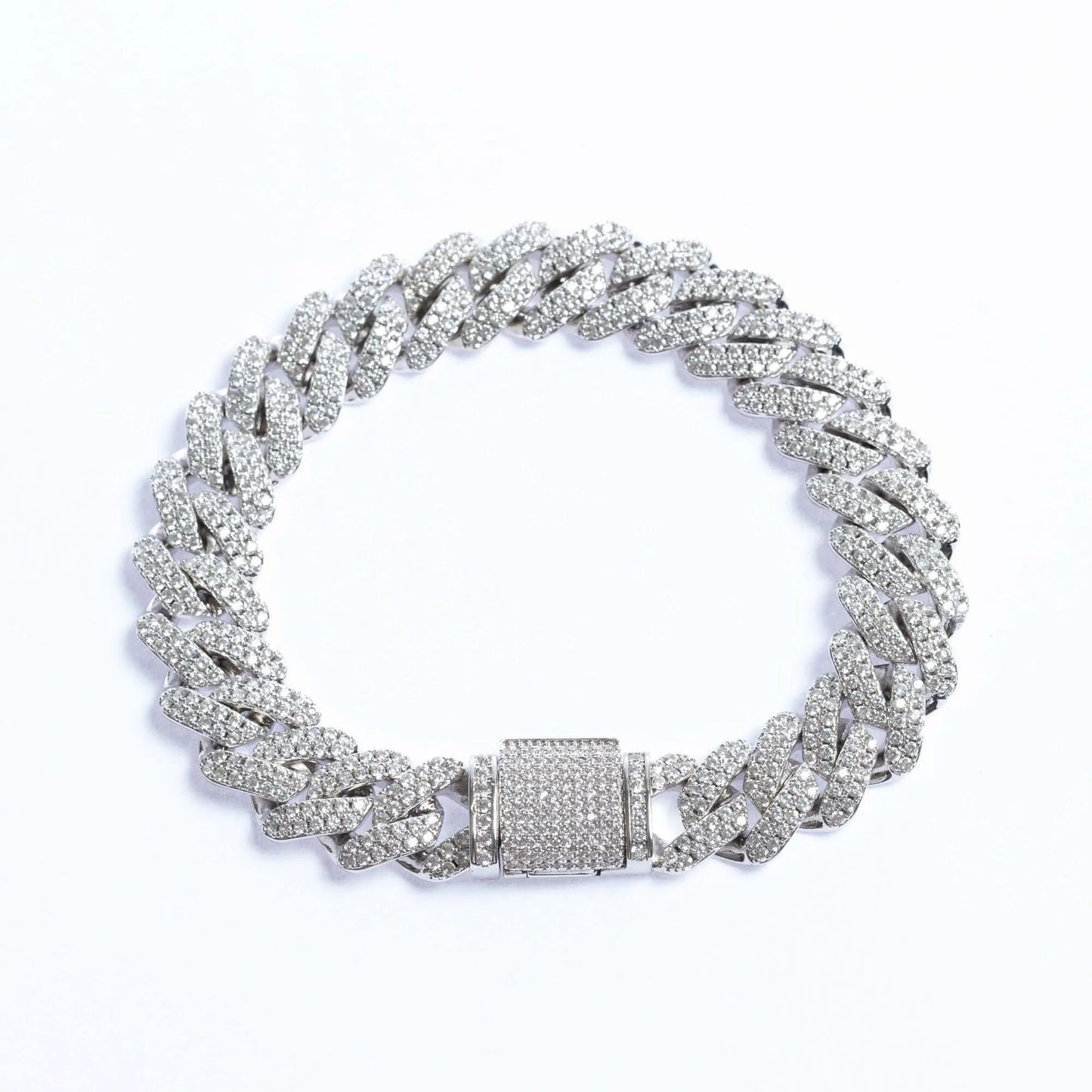 12mm Iced Prong Cuban Link Bracelet - White Gold