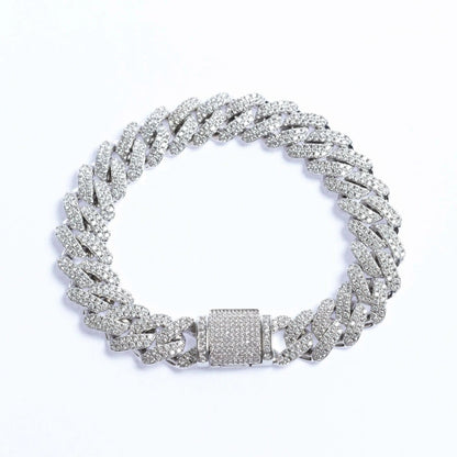 12mm Iced Prong Cuban Link Bracelet - White Gold